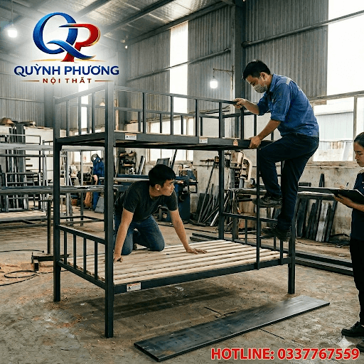 Cận cảnh kiểm tra giường tầng sắt khi giao hàng