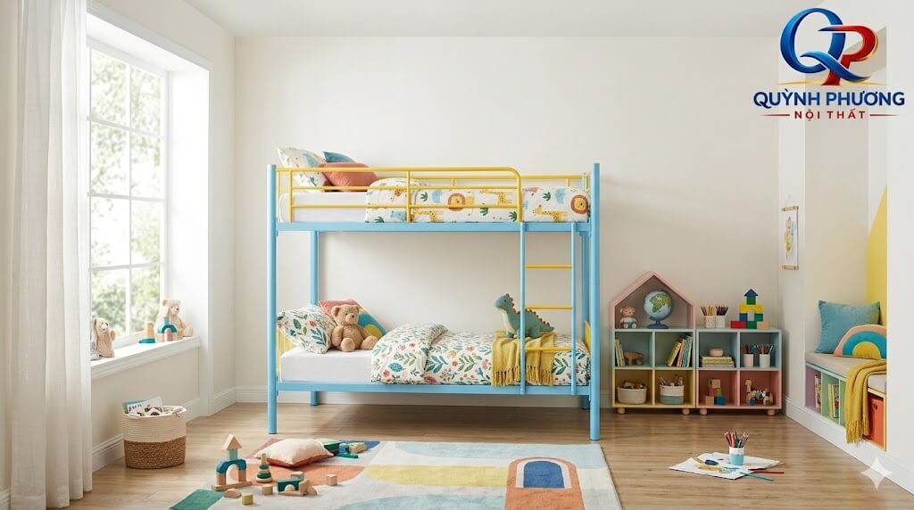 Chú thích ảnh: Giường tầng sắt cho bé tại Quỳnh Phương Vina Pro được phối màu sinh động, phù hợp với sở thích của trẻ nhỏ.