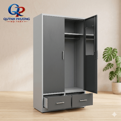 Tủ sắt quần áo 2 cánh có ngăn kéo